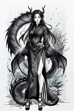 dragon-themed, dragon scale, mesmerizing watercolor paint black and white of a infinite thin diagonal and vertical tramed stripes pattern of a hiperrealistic and detailed full body woman dressed, comic style,