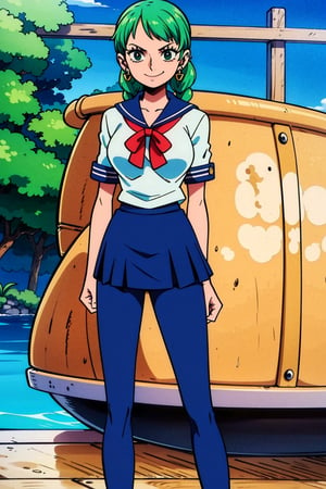 girl, navy_officer, short, mischievous_smile, long_green_hair_in_two_braids, one_earring, sailor_uniform, skirt_with_pants_underneath, skirt_and_pants, holding_a_spear, standing_on_the_deck_of_a_boat