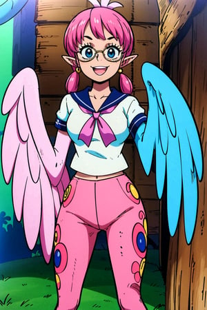 girl, (harpy girl), sailor_uniform, blue_pants, on_an_island, smiling, short_pink_hair, circular_wide-rim_glasses, :p, candy_earrings, candy_in_hair, snaggletooth, cute