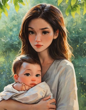 a painting of a woman holding a baby in her arms, closeup painted portrait, portrait painting, painted portrait, watercolour realistic, realistic portrait, traditional portrait, high quality portrait, detailed portrait, portrait art, medium close up portrait, fine art portrait painting, realistic watercolour, award-winning portrait, watercolour realism, highly detailed portrait, full close-up portrait, art portrait