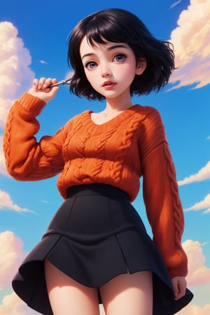 disney pixar style, high_resolution, masterpiece, high detail, blue sky, cloudscape, 1girl, short black violet hair, black mini skirt, red sweater 