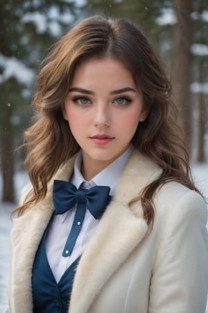 professional photo of young woman, BROWNhair, long hair, long hair, yellow eyes, white coat, white shirt, (blue bow:1.1), blue JEANS, fur collar, fur trim, white capelet, (white gloves:1.2), blue bowtie, (white_shoes:1.1), fur-trimmed sleeves, long sleeves, (looking at viewer:1.3), (full_body:1.3), detailed skin, detailed eyes, finely detailed hair, volumetric light, highrez, masterpiece, best quality, snow, winter 
