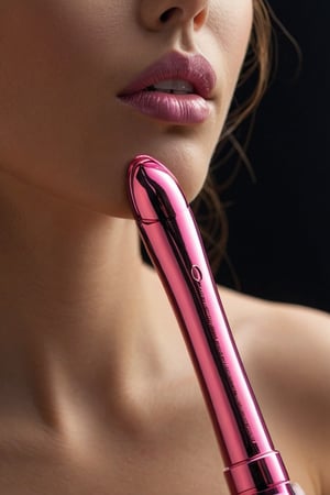  Pink vibrator, Close up shot of a woman's neck with, beautiful neck, beautiful realistic lips:, shape of a woman's body, woman's silhouette, gold, background of wavy black velvet fabric, backlight, interesting dynamic perspective, macro shot, HD, 4K, volume light, with mist in the air, atomized tiny water drops, very realistic, readable fonts and text, advertising, text "Ai" AI 