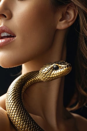 a snake, Close up shot of a woman's neck with, beautiful neck, beautiful realistic lips:, shape of a woman's body, woman's silhouette, gold, background of wavy black velvet fabric, backlight, interesting dynamic perspective, macro shot, HD, 4K, volume light, with mist in the air, atomized tiny water drops, very realistic, readable fonts and text, advertising, text "Ai" AI 