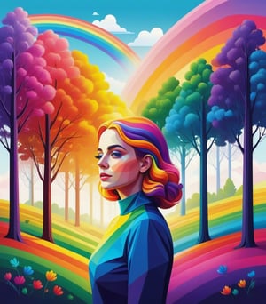 art illustration,rainbow,portrait,portrait,trees,rich and colorful, rainbow, small , Contrasting colors, in the spring landscape, icon design, Rozmin trip, vector art,(masterpiece, best quality:1.2), 1 girl, alone,Abstract surreal colors, popular geometric surrealism, Rainbow color dream,Rich levels,shadow,vector art illustration