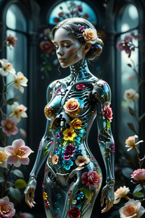 1girl,solo,"Transparent glass female cyborg. Skeleton and organs made of vibrant flowers. Mechanical joints visible. Heart of roses, lungs of hydrangeas, brain of orchids. Flowers spilling from slight cracks. Soft backlighting emphasizing transparency. Elegant pose. Simple futuristic background. Photorealistic style with high detail on glass and floral elements.",Clear Glass Skin,tranzp