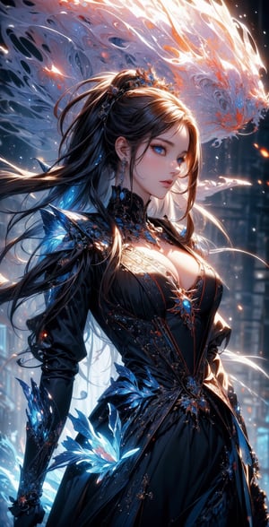 (masterpiece, top quality, best quality, official art, beautiful and aesthetic:1.2), (1girl), extreme detailed,(abstract, fractal art:1.3),colorful hair,highest detailed, detailed_eyes, fire, water, ice, lightning, light_particles, ghost sexy battle dress ,beatiful lines,resolute eyes