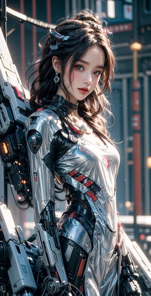 {{master piece}},best quality,illustration,1girl,small breast,beatiful detailed eyes,beatiful detailed cyberpunk city,flat_chest,beatiful detailed hair,wavy hair,beatiful detailed steet,mecha clothes,robot girl,cool movement,sliver bodysuit,{filigree},dargon wings,colorful background,a dragon  stands behind the girl,rainy days,{lightning effect},beatiful detailed sliver dragon arnour,（cold face）