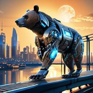 This is an image of a bear with a robotic or cybernetic arm. The bear is standing on a bridge with a city skyline in the background, suggesting a futuristic or science fiction setting. The bear's arm is intricately designed with glowing blue and orange lights, indicating advanced technology or machinery. The overall aesthetic is reminiscent of a scene from a science fiction movie or video game, where animals are enhanced with cybernetic parts.
