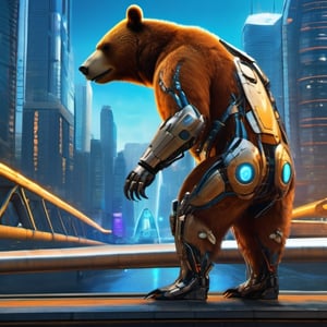 This is an image of a bear with a robotic or cybernetic arm. The bear is standing on a bridge with a city skyline in the background, suggesting a futuristic or science fiction setting. The bear's arm is intricately designed with glowing blue and orange lights, indicating advanced technology or machinery. The overall aesthetic is reminiscent of a scene from a science fiction movie or video game, where animals are enhanced with cybernetic parts.