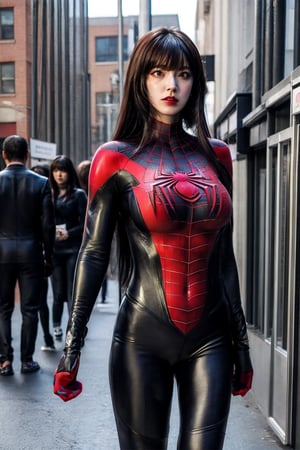 masterpiece, best quality, highly detailed,diagonal bangs, gigantic_breast,spiderman, milessuit