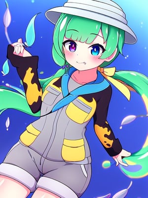  concept-slimegirls,  goo woman,   jelly lass, gelatinous female, water elemental, translucent torso, masterpiece, best quality,       tomoechan, mismatched pupils,  low ponytail, fang, feather on hat, blue eyes, medium green hair, hair bow, long black sleeves, blue shoulder bag, grey bucket hat, single sidelock, heterochromia, kemono friends