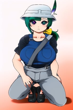 masterpiece, best quality,
1girl,      tomoechan, (mismatched pupils), medium teal hair, hair bow , short rolled black sleeves, low   ponytail,  feather on   grey  bucket hat, long single sidelock,  [heterochromia], denim  overalls,       between breasts, flat anime celshading, thick outlines, gradient background,    closed mouth, kneeling, full body, grey pants, hand on own thigh, shoes, satchel,  collarbone, bright pupils, shoulder bag, right green eye, red left eye, blank expression, emotionless face,<lora:659111690174031528:1.0>