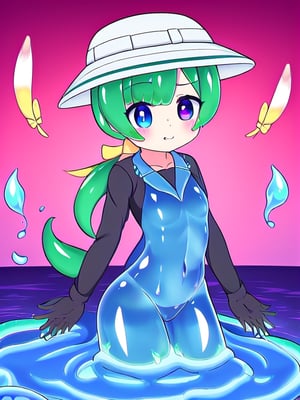  concept-slimegirls,  goo woman,   jelly lass, gelatinous female, water elemental, translucent torso, masterpiece, best quality,       tomoechan, mismatched pupils,  low ponytail, fang, feather on hat, blue eyes, medium green hair, hair bow, long black sleeves, blue shoulder bag, grey bucket hat, single sidelock, heterochromia, kemono friends