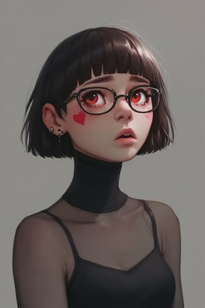 (score_9, score_8_up, score_7_up, score_6_up, score_5_up, score_4_up), source_cartoon, 1girl,  (((fringe))) fringe, glasses. ((scorned red eyes)) black short hair, heart facial mark, fishnet pantyhose, 