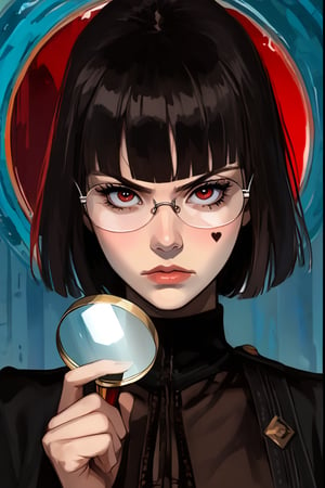 (comic book style) , A pen and ink style expressionism painting. Portrait of a female detective scowling into a magnifying glass. The glass is crystal clear, showing a water portal through the glass. The detective is wearing a black suit that emanates her shadowy figure.  (((fringe))) fringe, glasses. ((scorned red eyes)) black short hair, heart facial mark, fishnet pantyhose