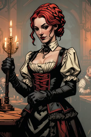 darkest dungeon style, Victorian women, red braid, black_gloves, elegancy, graceful and atractive, Victorian background, makima (chainsaw man)


