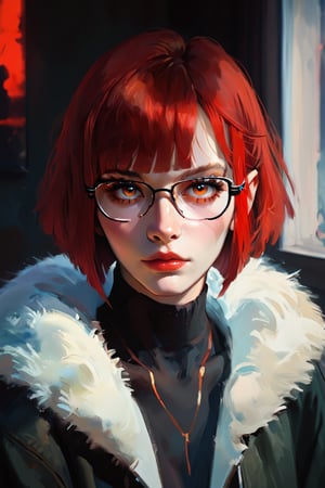 ((score_9, score_8_up, score_7_up)) oil painting portrait rendered in a loose, impressionistic style with thick, expressive brush strokes. It depicts a red haired woman smoking wearing a fur coat. the background is black, and she is covered in darkness. close-up.(((fringe))) fringe, glasses. ((scorned red eyes)) short hair, black fishnet_pantyhose,cyberpunk city view out of the window,neon light,cramped bedroom,impressionist painting