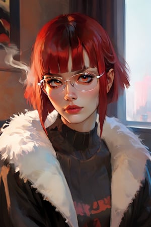 ((score_9, score_8_up, score_7_up)) oil painting portrait rendered in a loose, impressionistic style with thick, expressive brush strokes. It depicts a red haired woman smoking wearing a fur coat. the background is black, and she is covered in darkness. close-up.(((fringe))) fringe, glasses. ((scorned red eyes)) black short hair, black fishnet_pantyhose,cyberpunk city view out of the window,neon light,cramped bedroom,impressionist painting