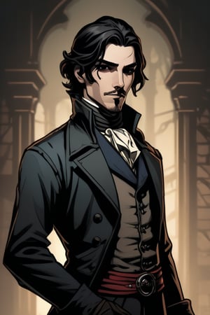 darkest dungeon style, Victorian young men, black, black-hair, swordman, elegancy, graceful and atractive, Victorian background, reze (saw)


