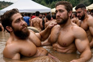 naked hairy bearded ultrarealistic photo realistic highly detailed faces 8k Jake gyllenhaal intense Turkish oil wrestling win in mud surrounded by naked  turkish hairy greek competitors showing penis sweat fat cocks taken from paparazzi, dick, nude, erotic, naked, hairy chest, sweat, men, ass, arse, hair, gay,penis,flaccid