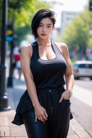 188cm tall,1girl, solo, (tomboy:1.2), walking, black hair, (short hair, long sidelocks:1.1), (Super firm MILF breasts), (Creamy skin glow),strong manly arms,looking at viewer,(29 yo mature female body),(ultra huge female breasts:1.6), closed mouth,(sexy long and tide dress), nude breasts, nude boobs,(17 yo clean detailed cool girl face),no makeup,only wearing a short pants,outdoors,(huge MILF hips),(ultra perfect hands, perfect fingers:1.3),gym, male head,court,huge penis in pants,Tomboy,1boy,#realistic,1 girl ,solo,beauty,girl,photorealistic,Seolah,Ayano,鐢蜂汉锛岀敺澹紝鐢峰锛岀敺锛岀敺瀛�,Male focus