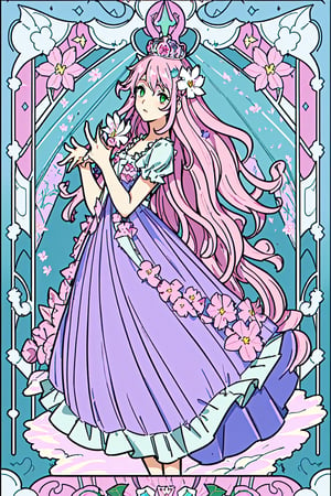 ,1 girl, solo,green eyes,(long wavy hair:1.3),very long hair,((pink hair color)),crown,tiara (indigo dress),frilly red dress,fancy dress,princess, princess gown,dynamic angle, dynamic pose, close-up, lens flare,(((flower garden))),flowers, daytime, clear blue sky, afternoon sky, blue sky with fluffy white clouds, pink  tint, tarot, art nouveau ,Art Nouveau Style, 