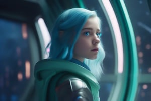 (A girl, 16 years old), beautiful blue eyes, beautiful, curious look, blue hair with pink highlights, futuristic blue clothes, (standing), in a very futuristic spaceship, ((looking at the universe through a window )), 8k uhd, cinematographic photo, hyperrealistic, science fiction