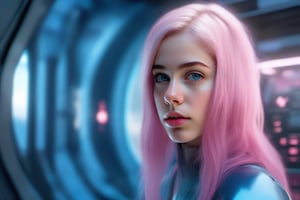 (A girl, 16 years old), beautiful blue eyes, beautiful, curious look, blue hair with pink highlights, futuristic blue clothes, (standing), in a very futuristic spaceship, ((looking at the universe through a window )), 8k uhd, cinematographic photo, hyperrealistic, science fiction,