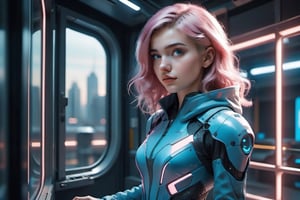 (A girl, 16 years old), beautiful blue eyes, beautiful, curious look, blue hair with pink highlights, futuristic blue clothes, (standing), in a very futuristic spaceship, ((looking at the universe through a window )), 8k uhd, cinematographic photo, hyperrealistic, science fiction,