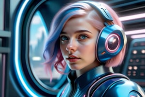 (A girl, 16 years old), beautiful blue eyes, beautiful, curious look, blue hair with pink highlights, futuristic blue clothes, (standing), in a very futuristic spaceship, ((looking at the universe through a window )), 8k uhd, cinematographic photo, hyperrealistic, science fiction,