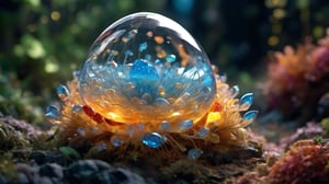 (newborn baby in glass egg), the entire frame is filled with neural connections, glowing neurons as part of a human brain, glass shell, subsurface scattering, transparent, translucent skin, glow, Bioluminescent blood neurons,3d style, cyborg style, Movie Still, Leonardo Style, cool colors, vibrant, volumetric light, wide angle shot, fractal neuron background