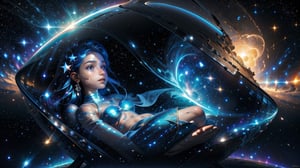 newborn baby in a glass cocoon, background Universe, nebula, stars, Create a fantasy figurine, in a mesmerizing 16k digital painting. Maintain intricate details, a fantasy theme, and sci-fi style, echoing Paolo Eleuteri Serpieri's style, full body. beautiful girl, water,