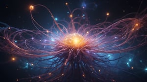 the entire space in the frame is filled with neural connections, glowing neurons as part of a human brain, subsurface scattering, transparent, translucent skin, glow, Bioluminescent blood neurons,3d style, cyborg style, Movie Still, Leonardo Style, cool colors, volumetric light, wide angle shot, fractal neuron background