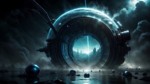 High detailed, Alien planet, in the background there is a round portal to Another Dimension, small details with neon glow