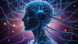 the entire frame is filled with neural connections, glowing neurons as part of a human brain, subsurface scattering, transparent, translucent skin, glow, Bioluminescent blood neurons,3d style, cyborg style, Movie Still, Leonardo Style, cool colors, vibrant, volumetric light, wide angle shot, fractal neuron background