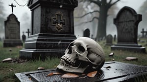 ((gravestone)), ((close-up)),medieval cemetery, medieval  graves, scattered human skulls, tombstones, nasty day, more detail XL,LegendDarkFantasy, camera shooting point at ground level,photorealistic, late evening, it's raining

