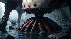 water on an alien planet, in the background the wreckage of a spaceship is visible in the distance, High detailed, Realism Raw photo,Photography, the tentacles of an extraterrestrial alien, the tentacles come out of the water, Circle