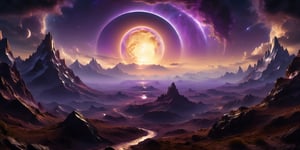 A massive, purple yet sinister planet looming ominously in the foreground, its surface dominated by twisted, jagged mountain ranges that seem to writhe and undulate like a living entity. Dark, foreboding clouds encircle the planet, obscuring any signs of life or light. The air is thick with an eerie purple haze that casts everything in a dim, unsettling glow. In the background, a menacing purple sun hangs low in the sky, its light barely penetrating the thick atmosphere. The planet's surface appears to be covered in a layer of fine, iridescent dust that shifts and dances in the unseen winds, giving the entire scene a surreal, otherworldly quality. The image is framed by a strange, metallic looking frame, cold and unyielding, adding to the sense of foreboding and malevolence that permeates the entire scene., (Oil painting) (by Jean-François Millet), (by Gustave Courbet) , (by Jules Breton), close up, dark fantasy, ,Renaissance Sci-Fi Fantasy