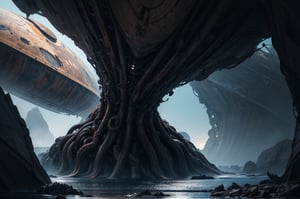 water on an alien planet, in the background the wreckage of a spaceship is visible in the distance, High detailed, Realism Raw photo,Photography, the tentacles of an extraterrestrial alien, the tentacles come out of the water, Circle