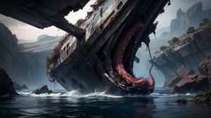 water on an alien planet, in the background the wreckage is visible in the distance, High detailed, Realism Raw photo,Photography, the tentacles of an extraterrestrial alien, the tentacles come out of the water