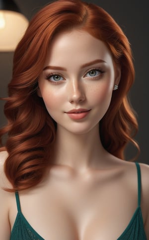 Beautiful realistic girl model, Realistic red hair, Makeup face, Big cheeks, Realistic eyes, Detailed lips, Freckles, Textured clothing, Small jewelry, Smiling, 
Beautiful sexy curved body, Brazilian skin realistic details with imperfections, Adorably feminine photo pose, Photo Colored, Clean background, Hyper realistic, Super detailed, 8k, Lighting natural, Medium exposure, Soft shadows, Medium contrast, High sharpness, Medium saturation, Composite professional vivid color rendering, Ray tracing reflections, TSR anti-aliasing, HDR,photorealistic