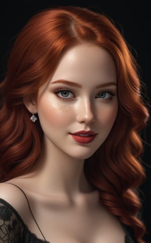 Beautiful realistic darkness girl model, Realistic red hair, Makeup face, Big cheeks, Realistic eyes, Detailed lips, Freckles, Vampire style clothing, Textured clothing, Small jewelry, Smiling, 
Beautiful sexy curved body, Brazilian skin realistic details with imperfections, Adorably feminine photo pose, Photo Colored, Clean background, Hyper realistic, Super detailed, 8k, Lighting natural, Medium exposure, Soft shadows, Medium contrast, High sharpness, Medium saturation, Composite professional vivid color rendering, Ray tracing reflections, TSR anti-aliasing, HDR,photorealistic,UT_art