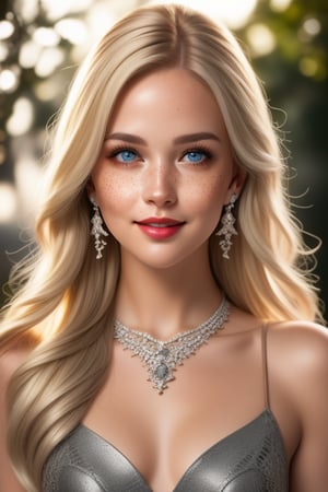 Beautiful realistic girl model, Realistic platinum blonde long hair, vampire makeup face, Big cheeks, Realistic eyes, Detailed lips, Smiling, Textured dress colored clothing, earrings jewelry, small necklace, Beautiful sexy curved body, Brazilian skin realistic details with freckles, Adorably feminine photo pose full body, realistic scenery background,
(Photo Colored srgb), (Hyper realistic), Super detailed, 8k, Lighting natural, Medium exposure, Soft shadows, Medium contrast, High sharpness, Medium saturation, TSR anti-aliasing, (hdr:1.4), UR_Art