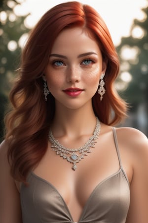 Beautiful realistic girl model, Realistic red hair, vampire makeup face, Big cheeks, Realistic eyes, Detailed lips, Smiling, Textured dress clothing, earrings jewelry, small necklace, Beautiful sexy curved body, Brazilian skin realistic details with freckles, Adorably feminine photo pose full body, realistic scenery background,
(Photo Colored srgb), (Hyper realistic), Super detailed, 8k, Lighting natural, Medium exposure, Soft shadows, Medium contrast, High sharpness, Medium saturation, TSR anti-aliasing, (hdr:1.4), UR_Art