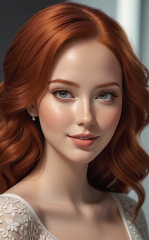 Beautiful realistic girl model, Realistic red hair, Makeup face, Big cheeks, Realistic eyes, Detailed lips, Freckles, Textured clothing, Small jewelry, Smiling, 
Beautiful sexy curved body, Brazilian skin realistic details with imperfections, Adorably feminine photo pose, Photo Colored, Clean background, Hyper realistic, Super detailed, 8k, Lighting natural, Medium exposure, Soft shadows, Medium contrast, High sharpness, Medium saturation, Composite professional vivid color rendering, Ray tracing reflections, TSR anti-aliasing, HDR,photorealistic