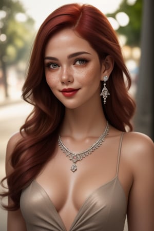 Beautiful realistic girl model, Realistic red hair, vampire makeup face, Big cheeks, Realistic eyes, Detailed lips, Smiling, Textured dress clothing, earrings jewelry, small necklace, Beautiful sexy curved body, Brazilian skin realistic details with freckles, Adorably feminine photo pose full body, realistic scenery background,
(Photo Colored srgb), (Hyper realistic), Super detailed, 8k, Lighting natural, Medium exposure, Soft shadows, Medium contrast, High sharpness, Medium saturation, TSR anti-aliasing, (hdr:1.4), UR_Art