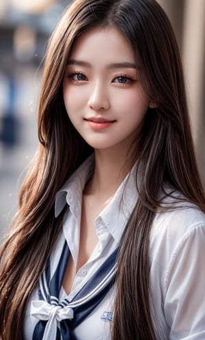 (masterpiece, best quality, ultra-detailed, 8K), 1girl, most beautiful korean girl, Korean beauty model, stunningly beautiful girl, gorgeous girl, over sized eyes, big eyes, smiling, looking at viewer, long_hair, school_uniform, school_girl, school