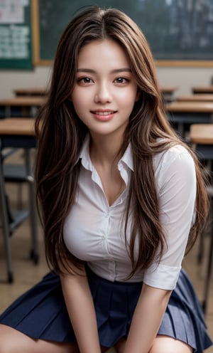 (raw photo:1.2), ((photorealistic:1.4)), best quality, masterpiece, extremely detailed, 8k wallpaper, 1 girl, full body, medium_breasts, most beautiful girl, beauty model, stunningly beautiful girl, gorgeous girl, over sized eyes, big eyes, toothless smile, looking at viewer, long_hair, school_uniform, school_girl, school,