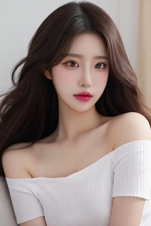extremely detailed face and eyes, best quality masterpiece, extremely detailed, ultra-detailed, (realistic, photo-realistic:1.3), extremely detailed skin, looking at viewer, portrait, upperbody, model, kpop, idol, A young girl with long dark wavy hair, Her makeup is subtle with pink lips and well-defined eyes, wearing a white ribbed top underneath, which is slightly off her shoulders. She has a neutral expression, looking directly at the camera.